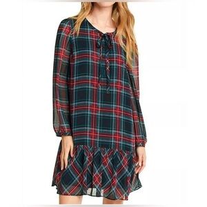 Draper James Georgia Tartan Tie Neck Christmas Plaid Party Mini Flounce Dress
